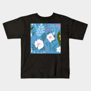 Garden florals and herbs on blue Kids T-Shirt